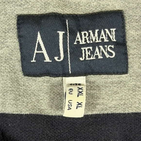 Armani Jeans Mens XL Polo Shirt Navy Blue Grey Striped Big Spellout Graphic Y2K - Picture 6 of 9